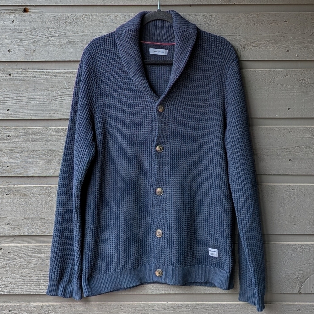 Jack & Jones Navy Blue Cotton Shawl Collar Cardigan Sweater Size Large